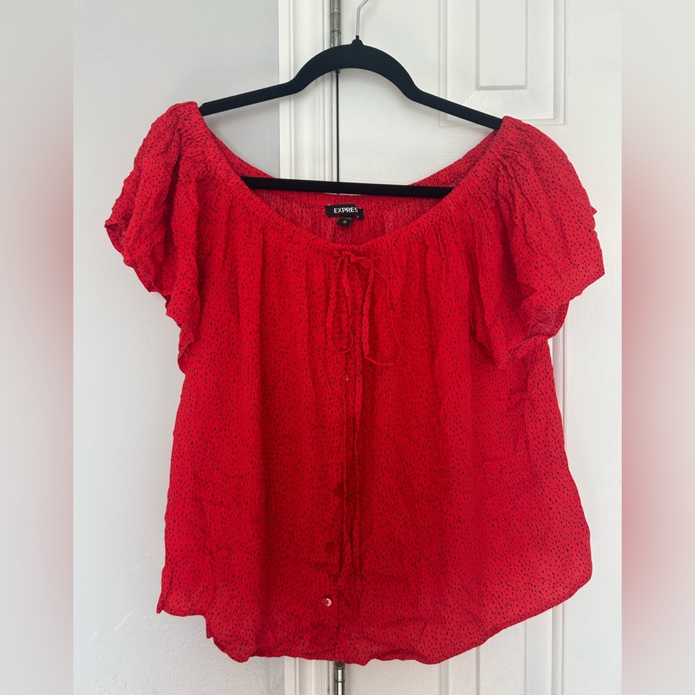 Express Bright Red Flutter Sleeve Peasant Top